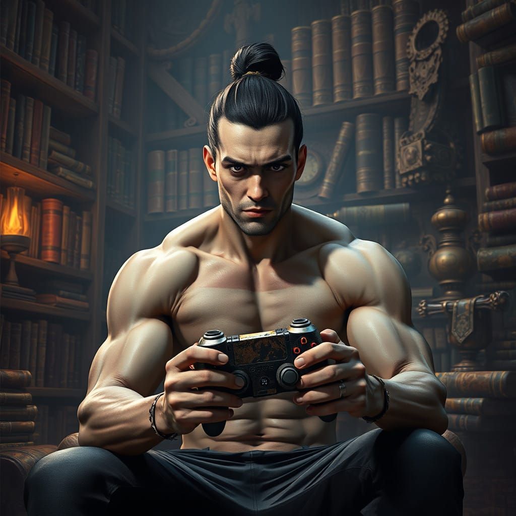 Muscular Hero Holds Controller in Richly Textured Game Room