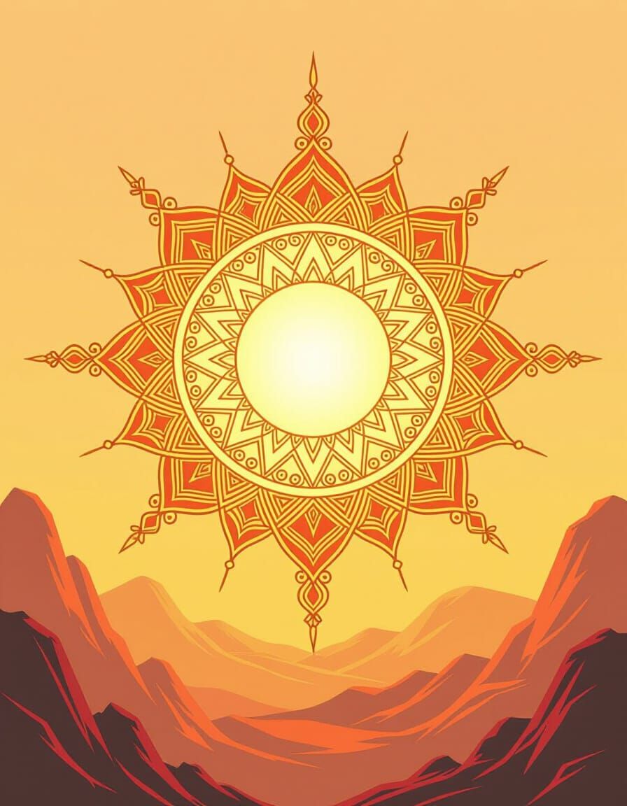 Golden Sun with Geometric Patterns in Anime Style