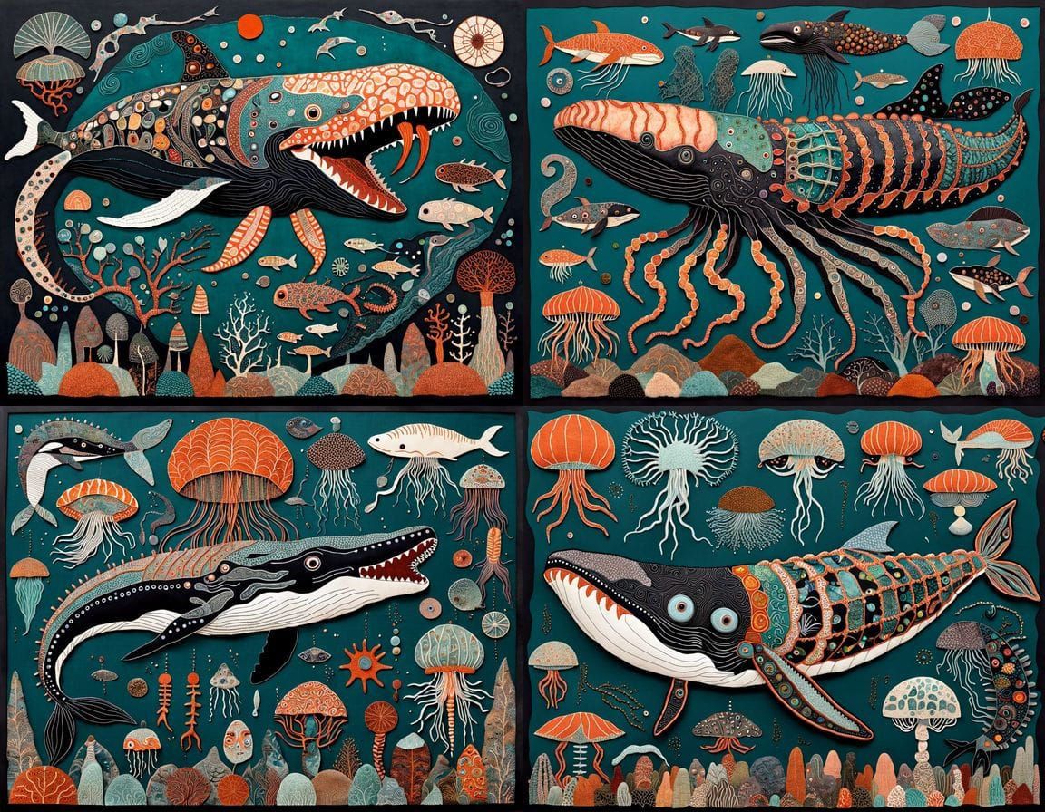 Whimsical Japanese Whale Prawn Jellyfish Horror in Textile A...