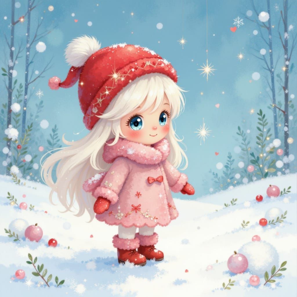 Cute Girl in Winter Field with Heart Snowfall