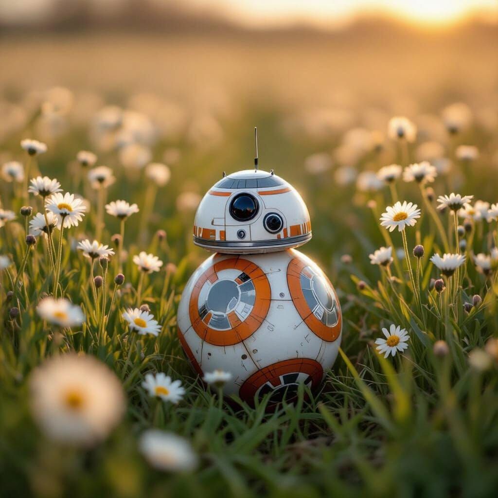 BB-8 Droid in Field of Daisies at Golden Hour
