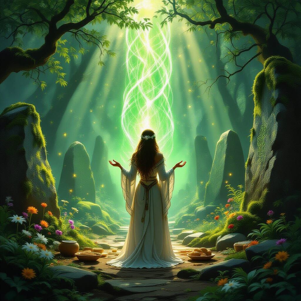 Sacred Forest Glade With Ritual Offering and Glowing Energy