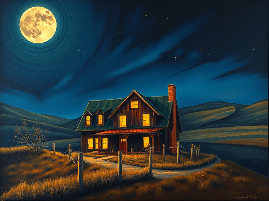 Rustic House Under Moonlight: An Impasto Painting