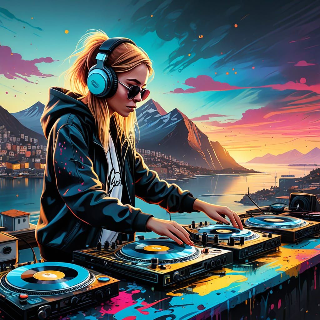 Girl DJ Performs on Fjord in Vibrant Graffiti Style