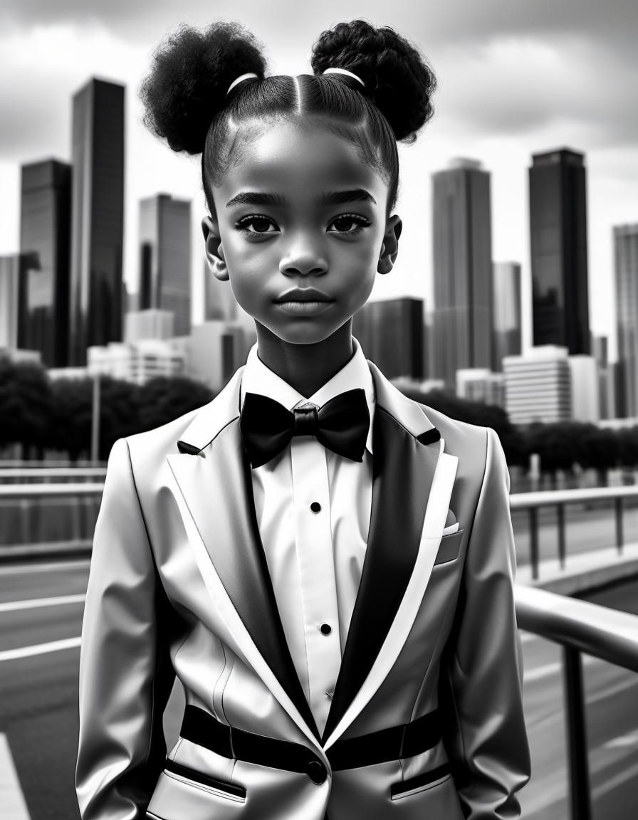 Confident Girl in Tuxedo: Black and White Portrait