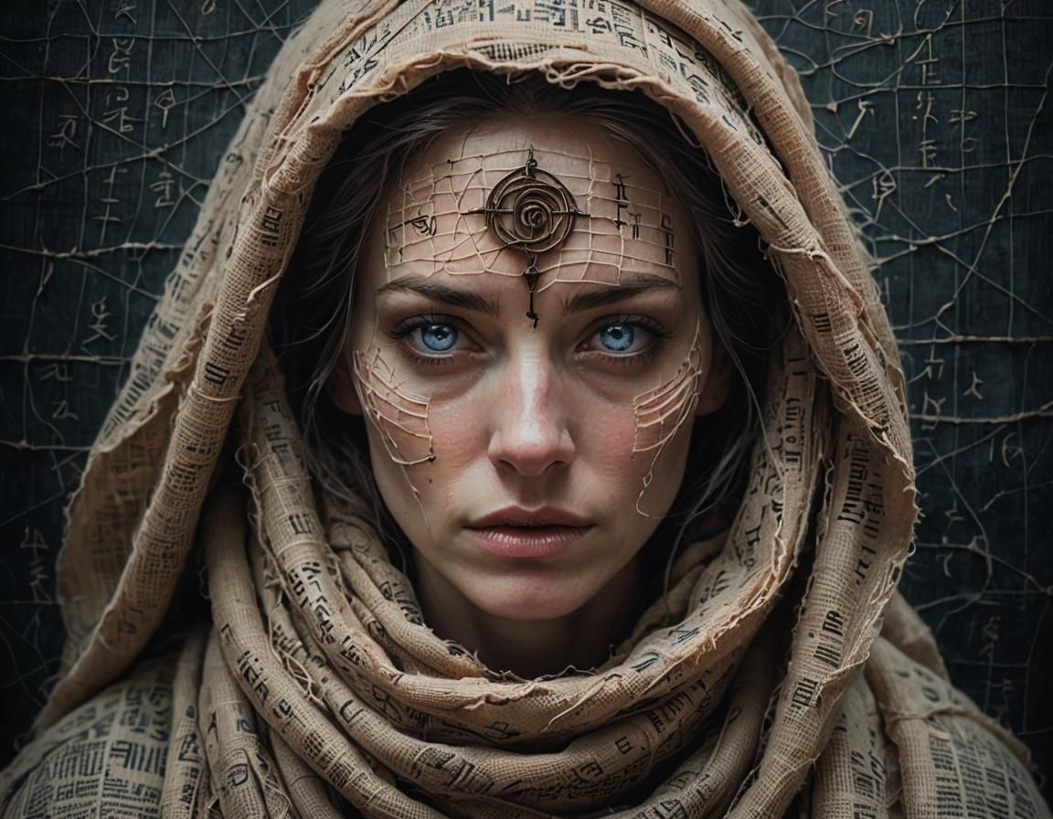 Surreal Woman in Burlap and Ancient Script