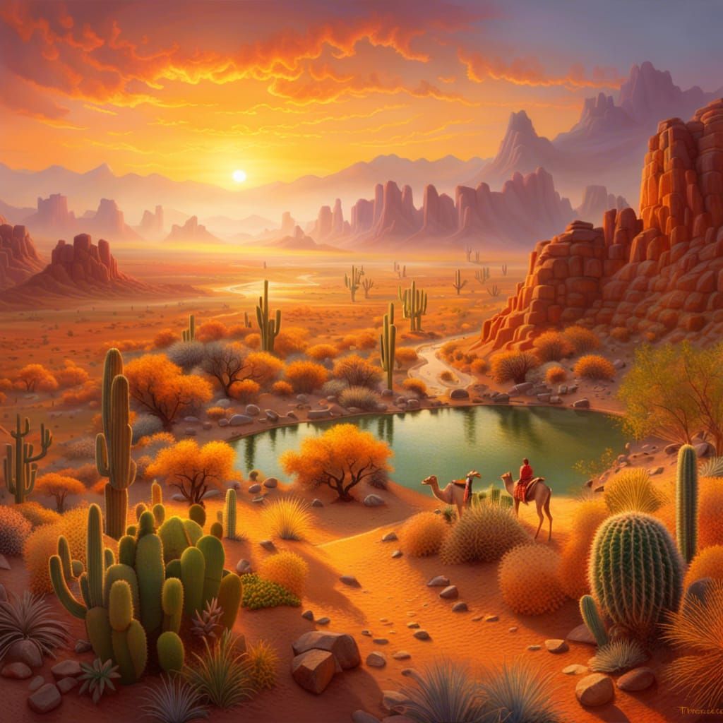 Cinematic Desert Sunset with Oasis and Camels