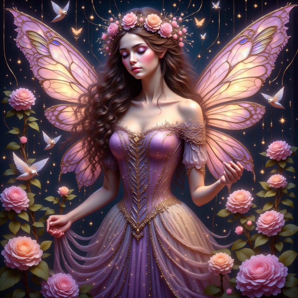 Victorian brunette fairy with vibrant mauve and rose colored butterfly wings, iridescent doves, purple, mauve, pink rose...