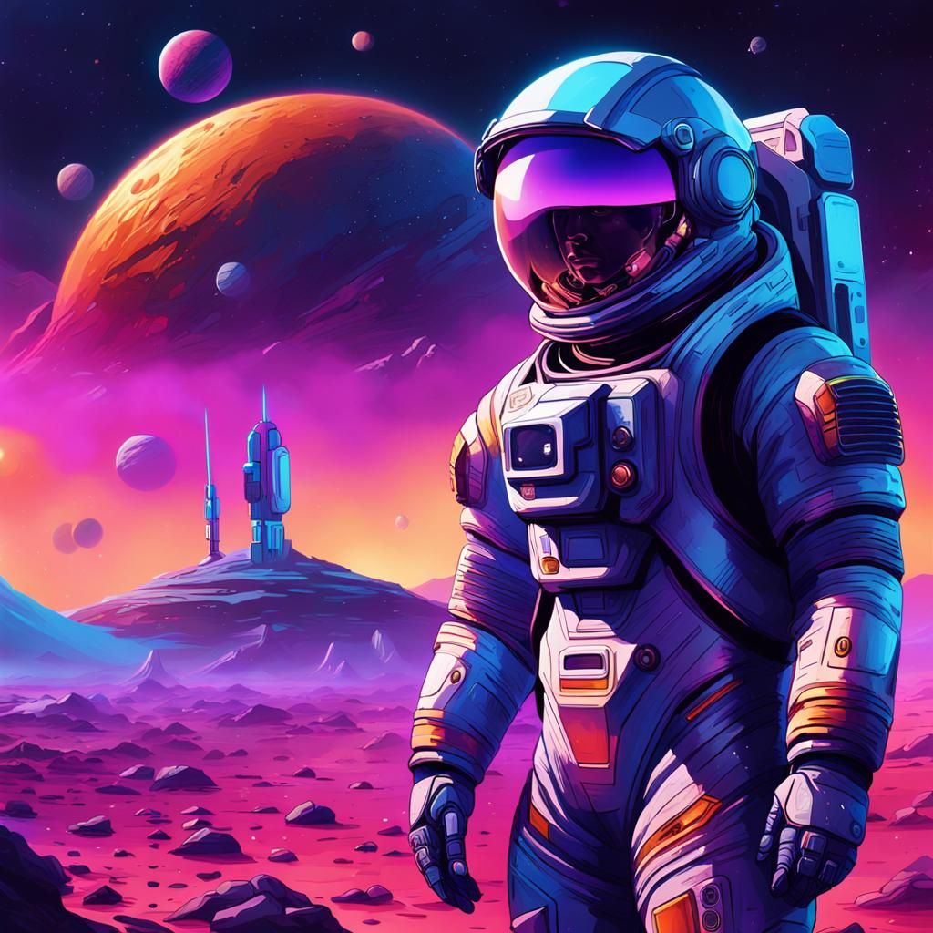 Astronaut Gazes at Spaceship on Alien Planet