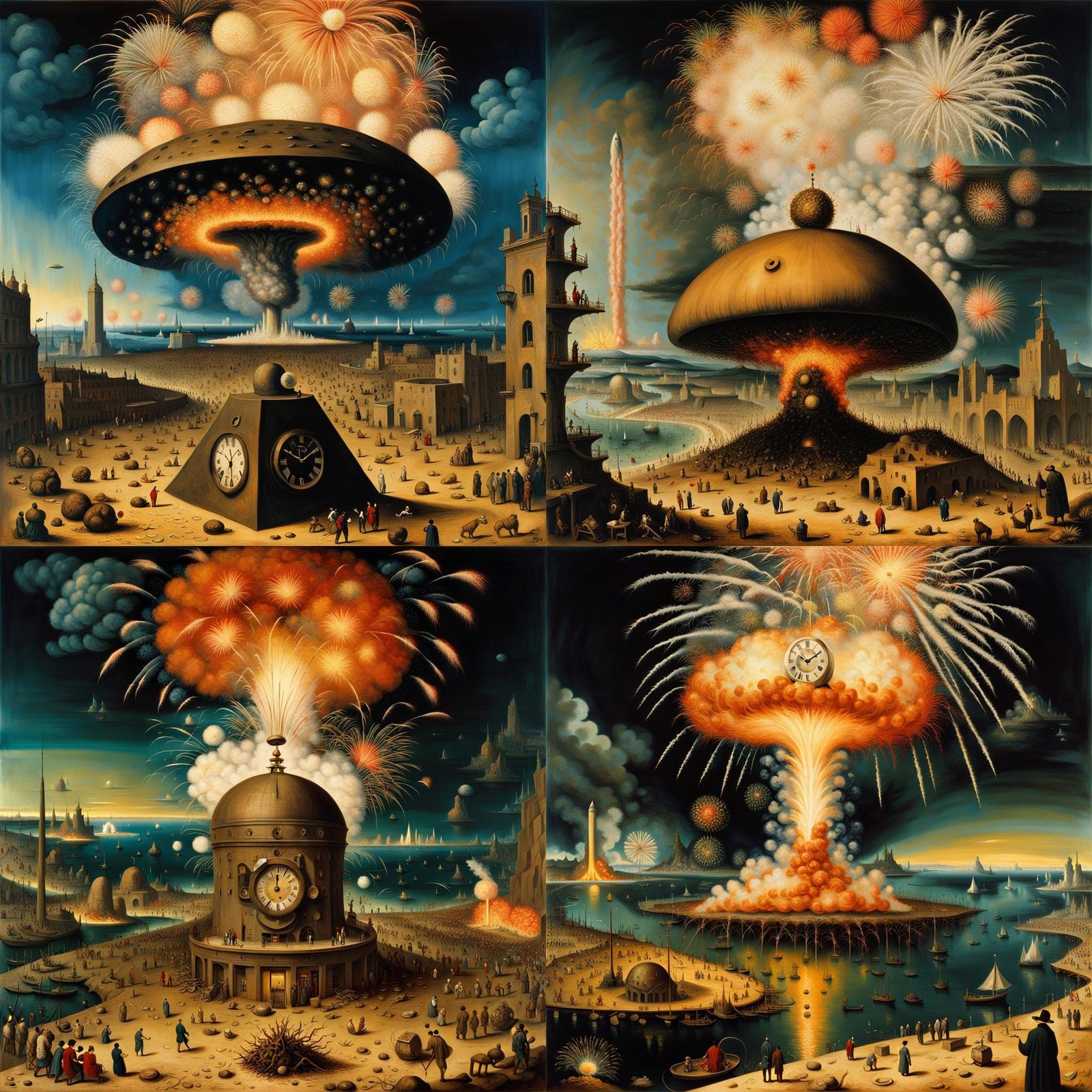 Surreal Clock: Fireworks and Nuclear Cloud