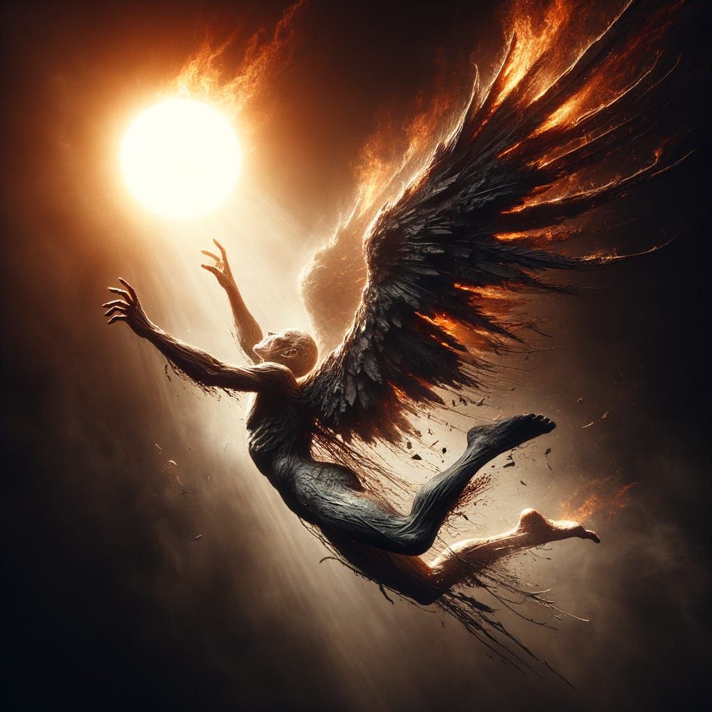 Dramatic Fallen Angel Descent in Fiery Light