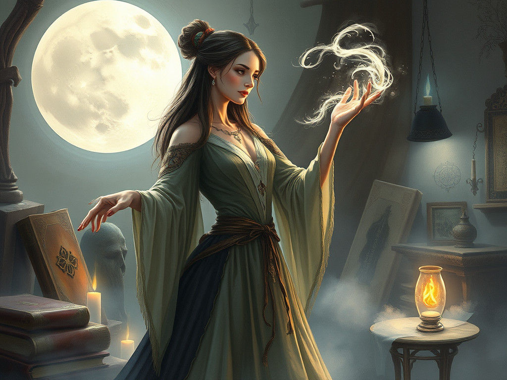 Elegant Sorceress Weaves Mystical Cantrip