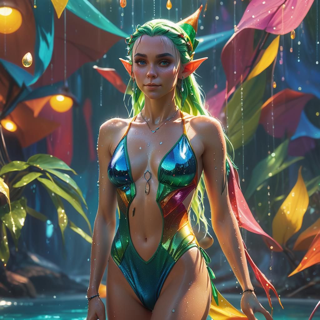 Beautiful Elf in Swimsuit: Hyper-Realistic Digital Art
