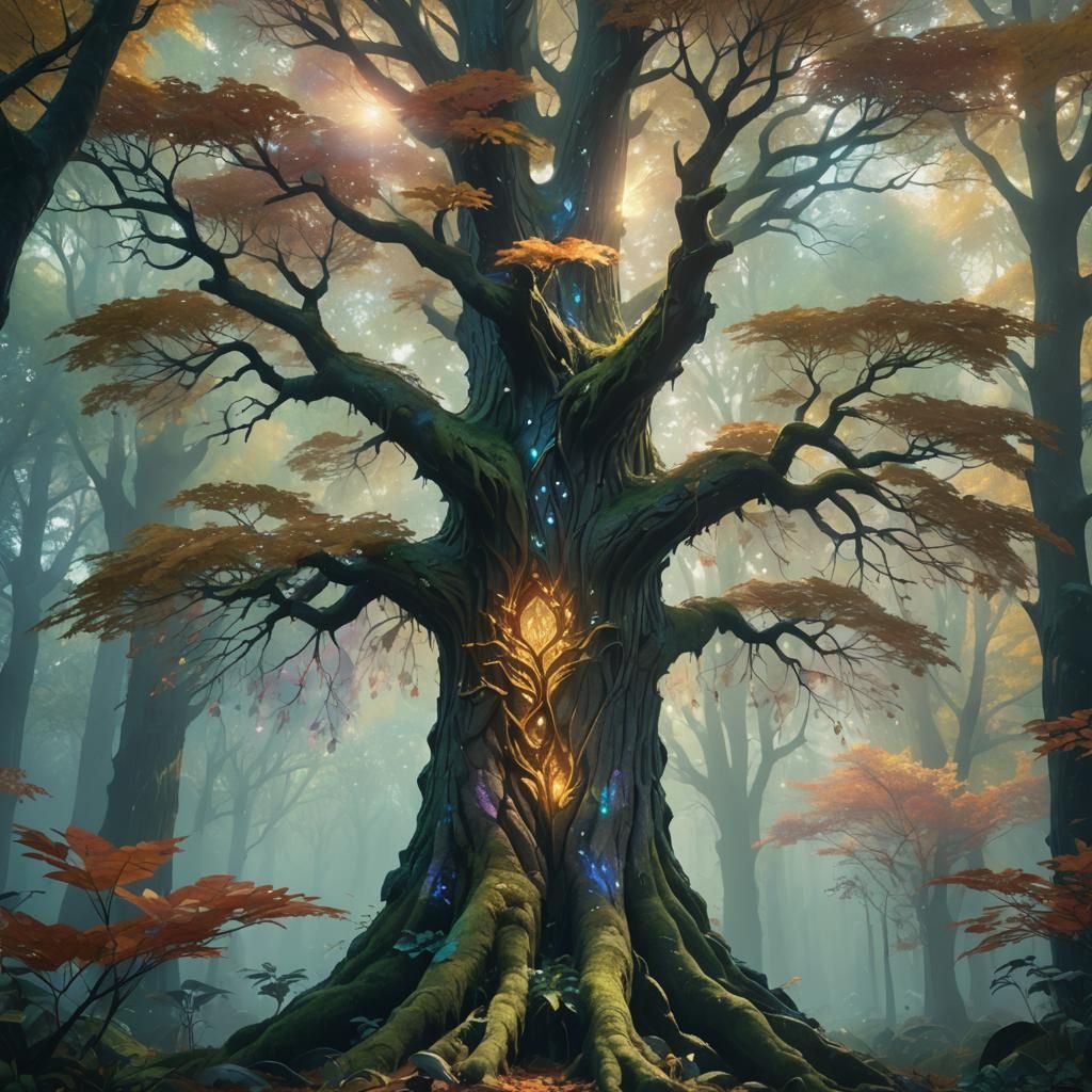 Glowing Gemstone Tree in Misty Forest