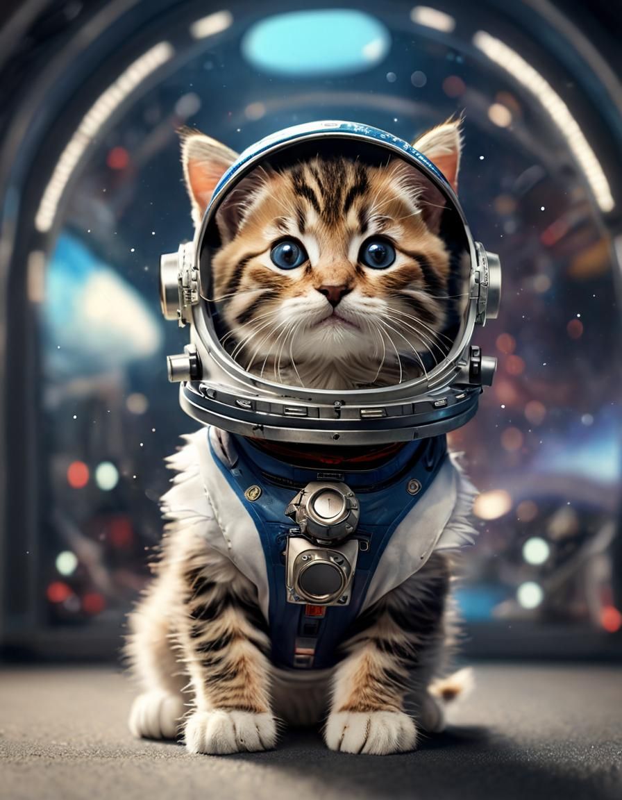 Kitten Astronaut in Space Helmet: 8k Photo