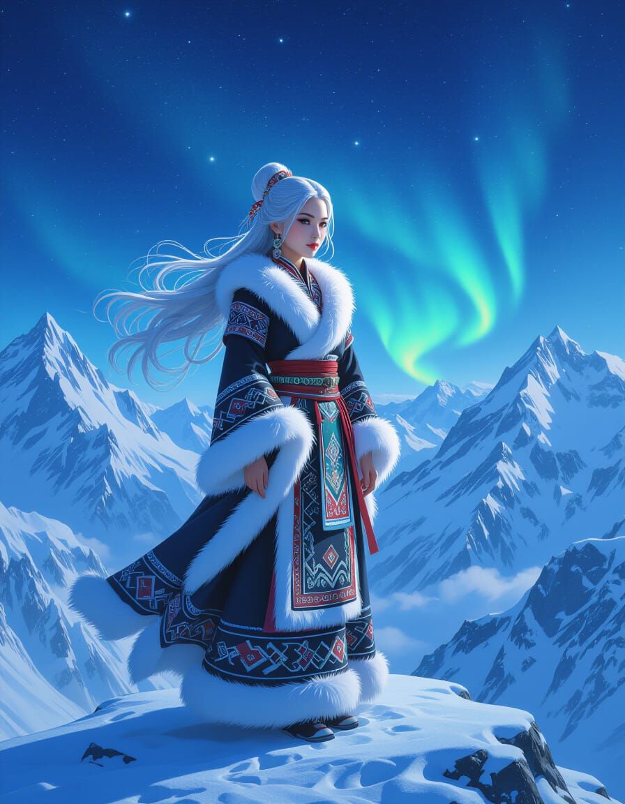 Majestic Hmong Lady Under Starry Aurora Sky
