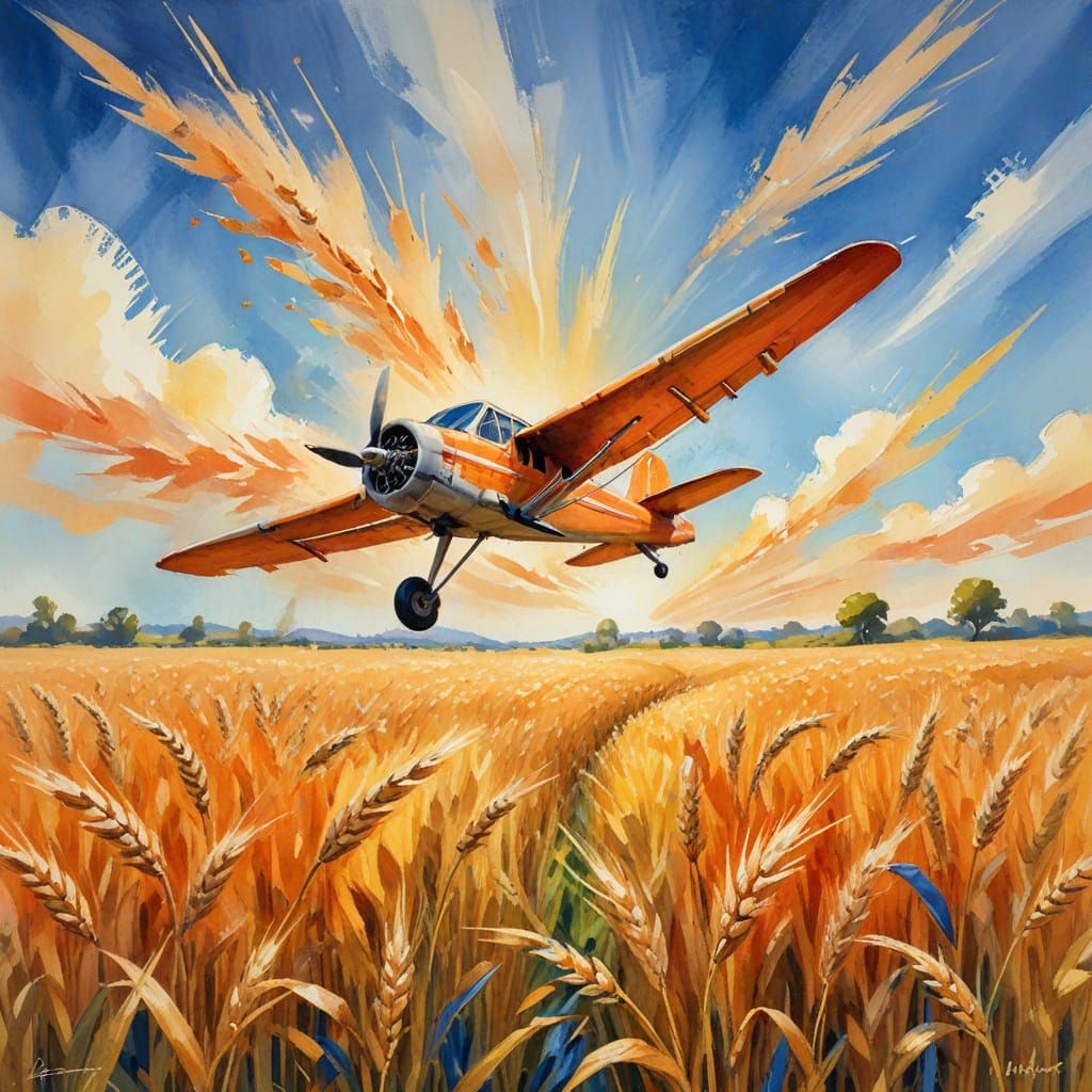 Airplane Over Wheat Field in Impasto Watercolor