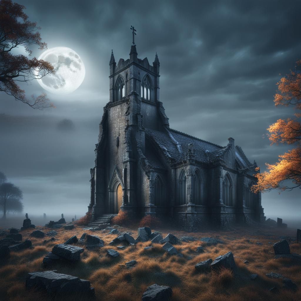 Eerie Scottish Moor Church Ruins in Moonlight