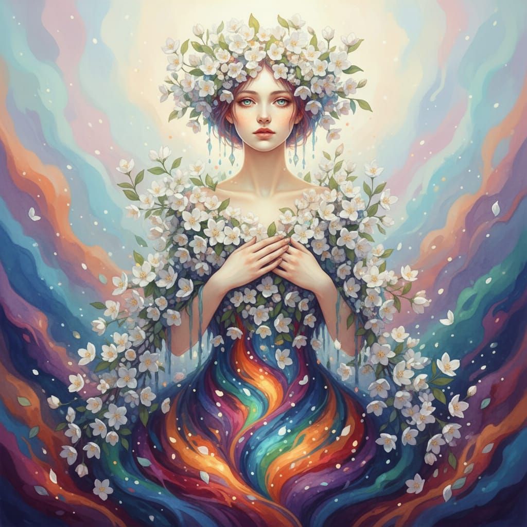 Ethereal Woman Embraced by Jasmine, Carrying Inner Strength