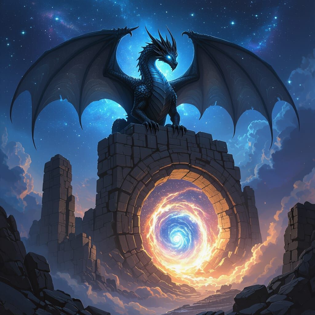 Ancient Dragon Perched on Cosmic Ruin