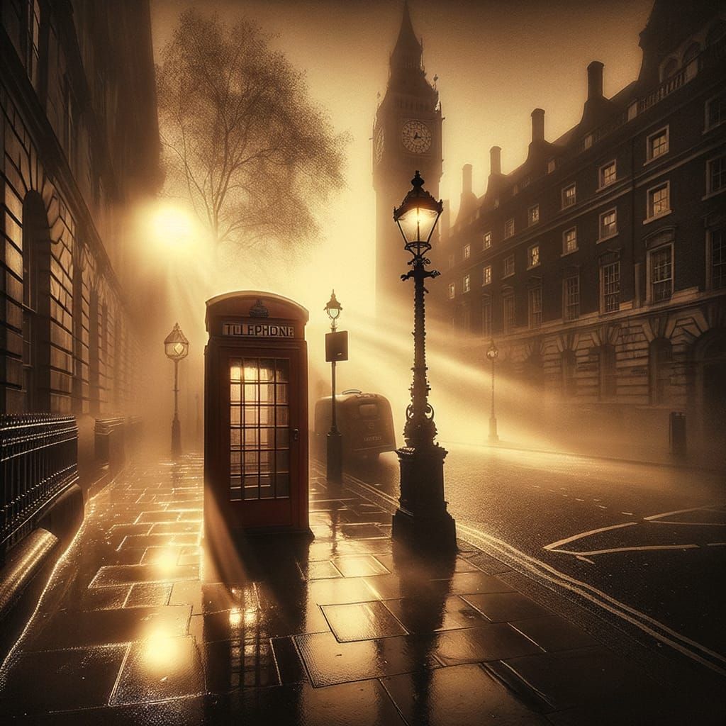 Imagine the break of dawn over a foggy London street.