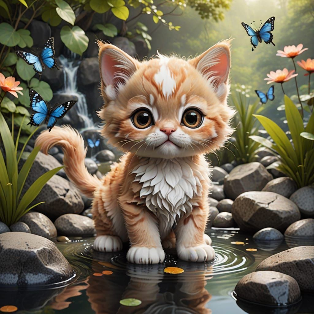 Tiny Kitten Chases Koi in Whimsical Pond Scene