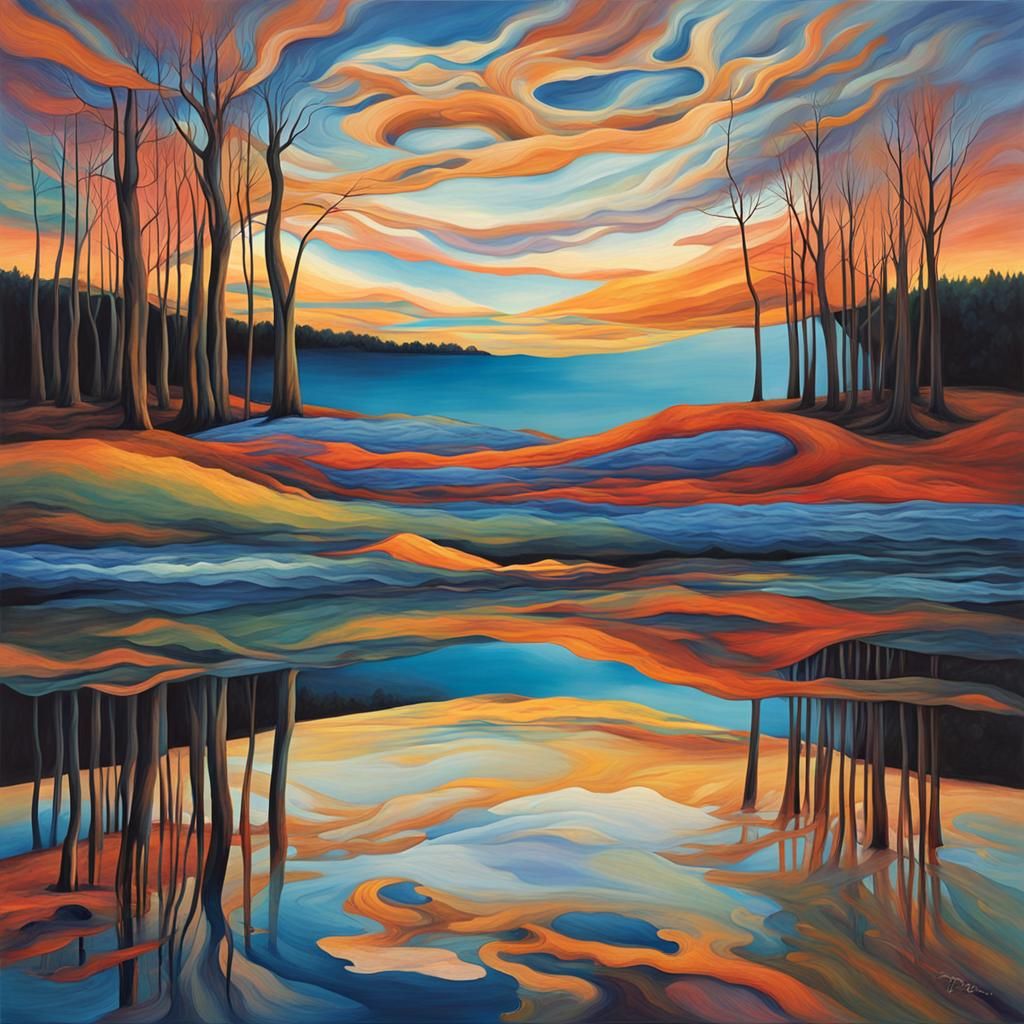 Abstract Figures Meld in Dreamlike Landscape