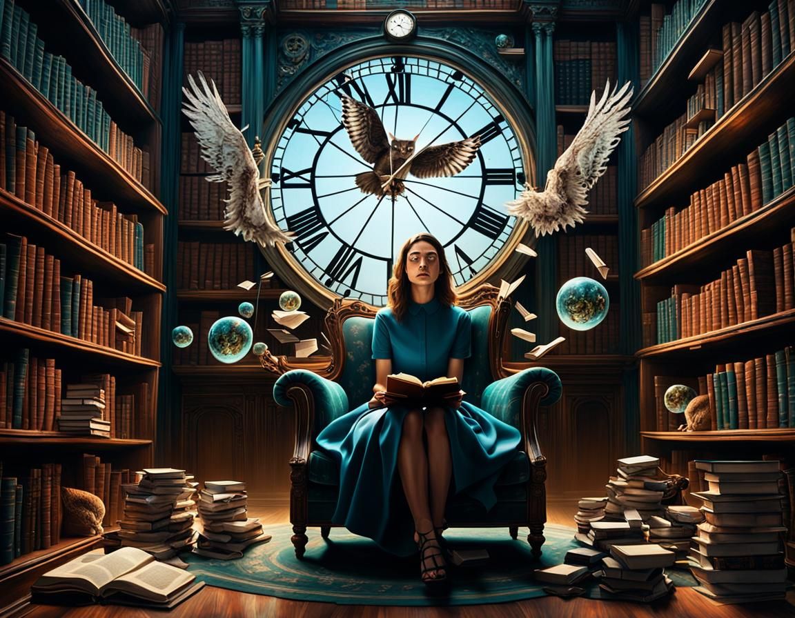 Surreal Library Scene with Floating Books, Dali Inspired