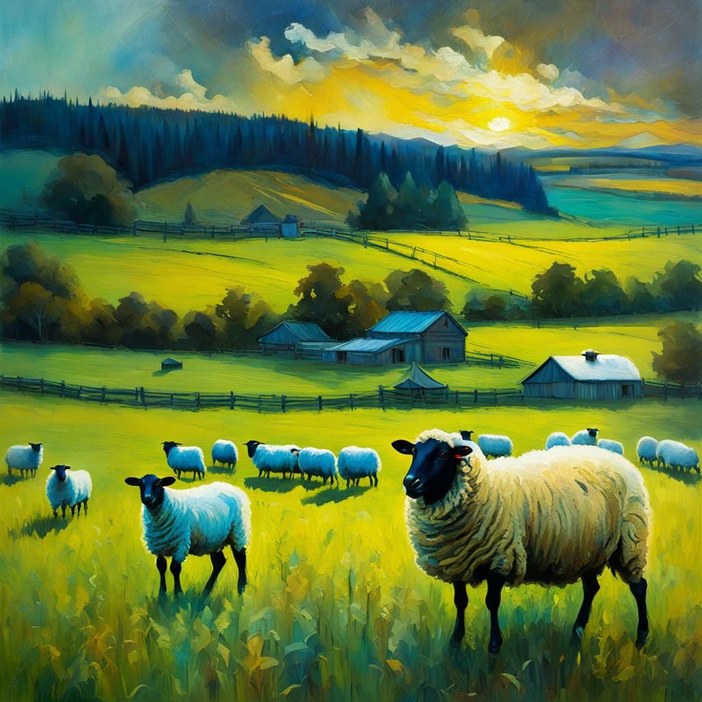Ethereal Sheep on Meadow in Abstract Style