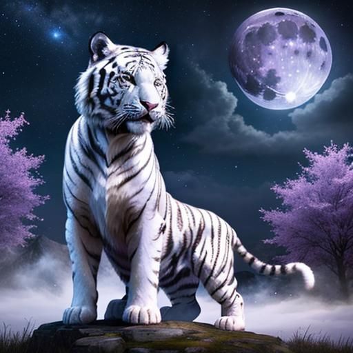 Fantasy White Tiger Under Starry Night Sky