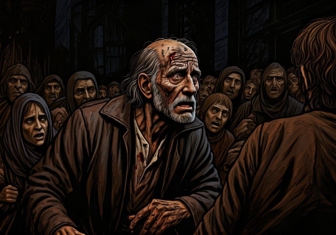 Dark Fantasy Refugee Scene in 1970s Book Art Style