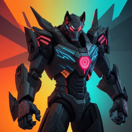 Neon Wolf Robot Zombie Soldier in Cyberpunk Cityscape