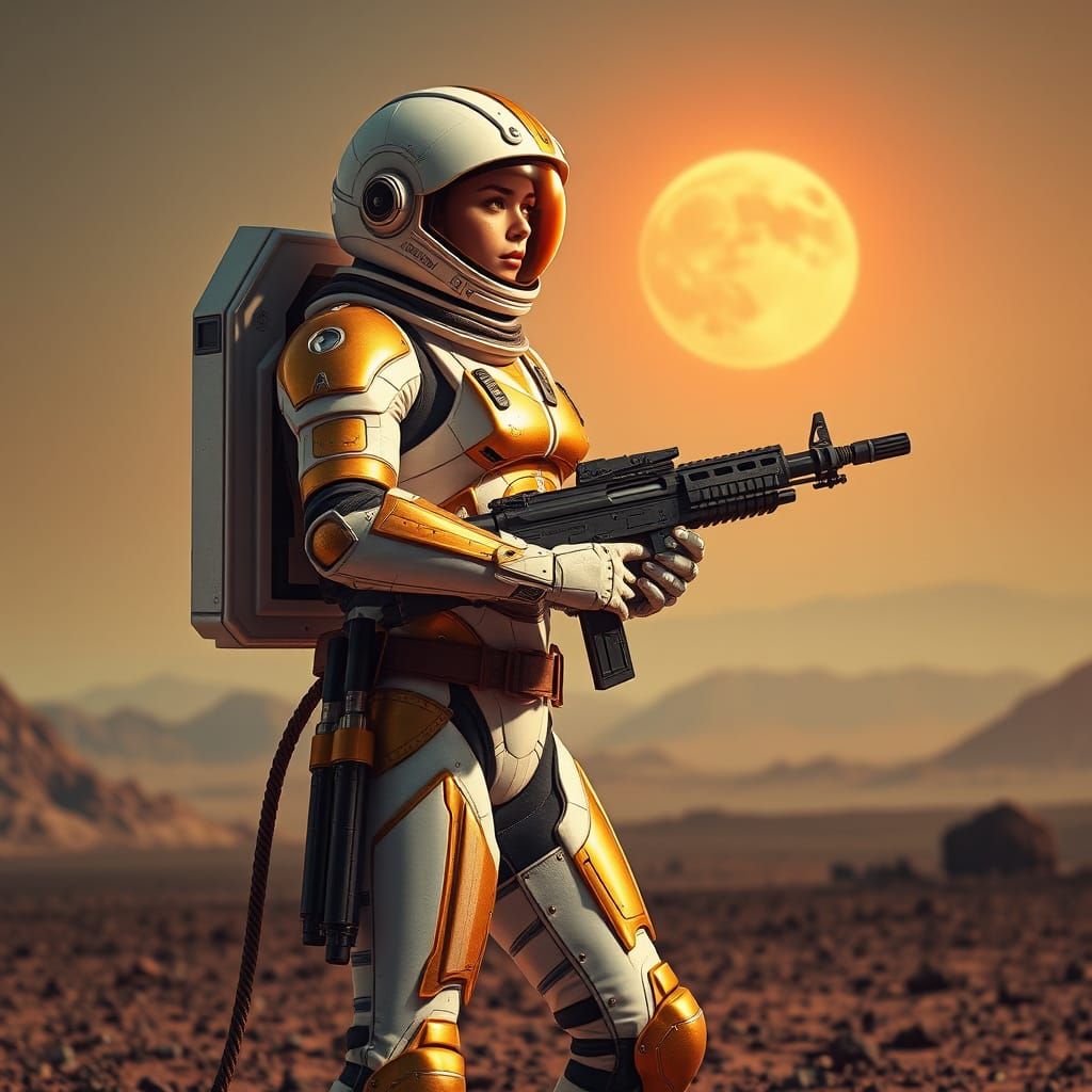 Golden Warrior Defends Desolate Planet Under Binary Sunset