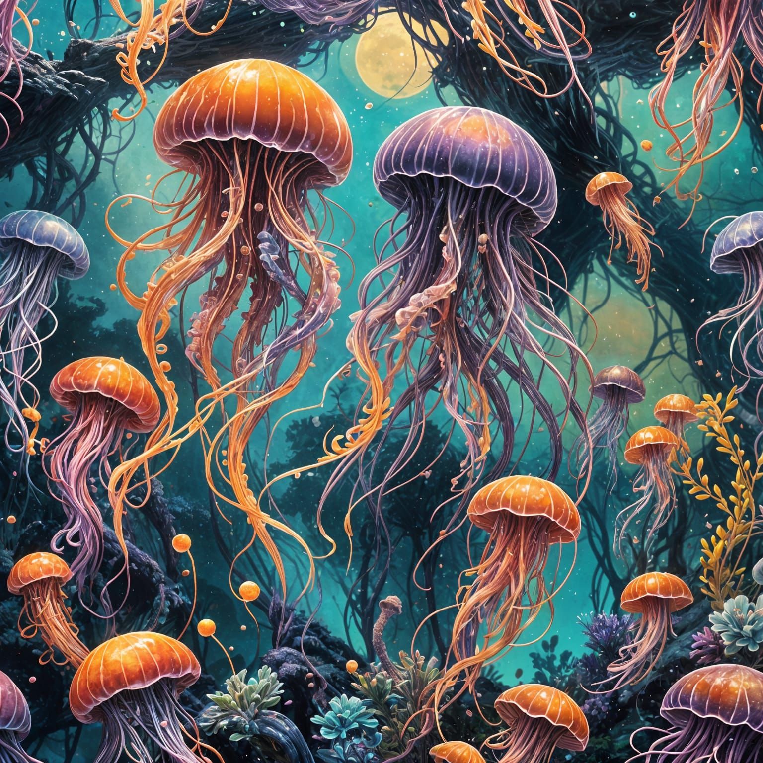 Epic Jellyfish Jazz Scene in Graffiti Art Style