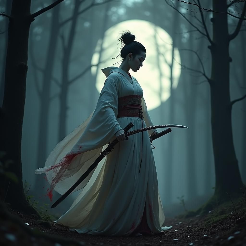 Armored Geisha with Katana in Dark Forest