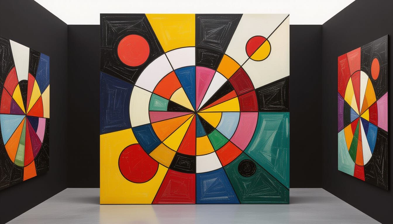 Kandinsky Painting Elements as 3D Sculpture in Black Room