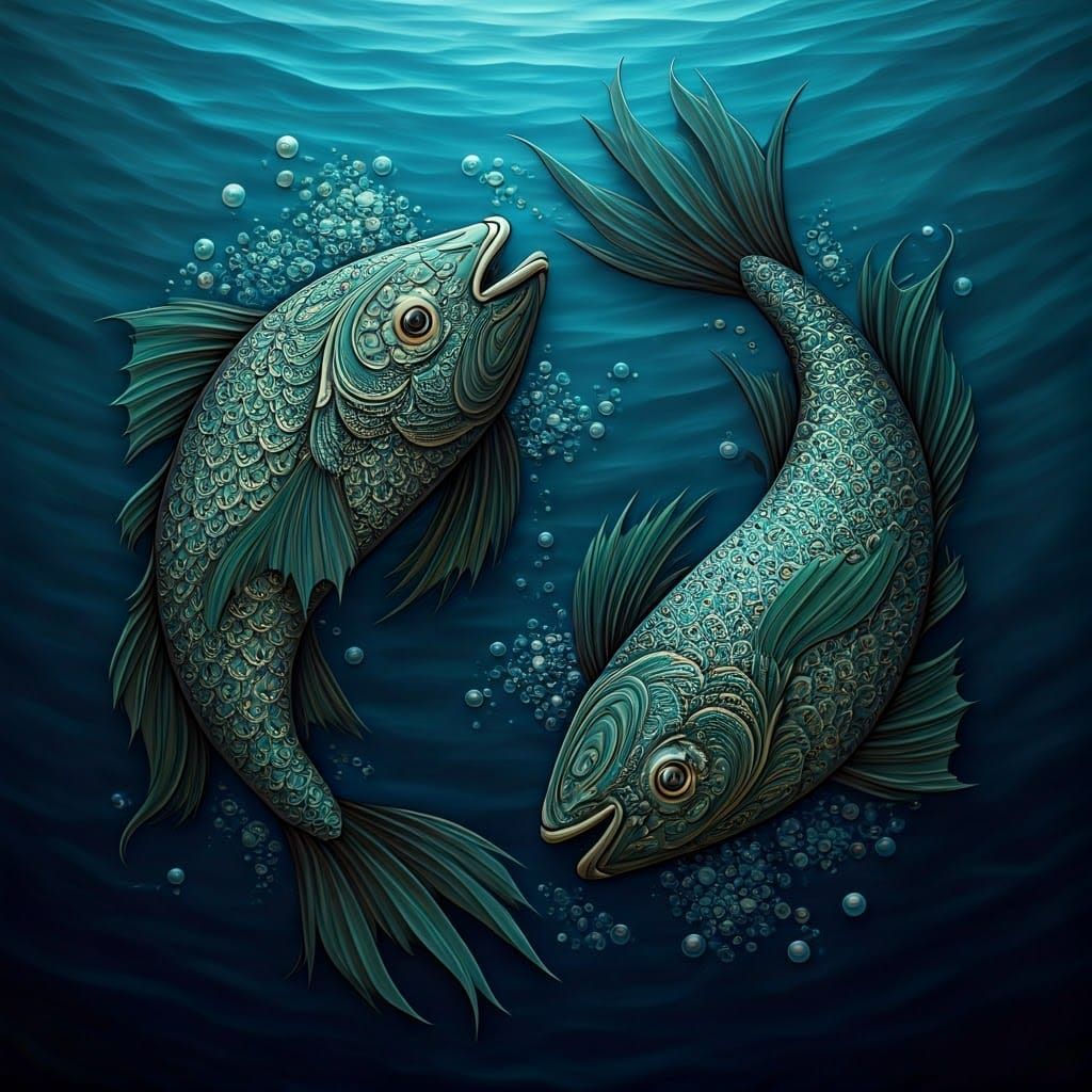 Surreal Fish Entwined in Zodiac Sign of Pisces