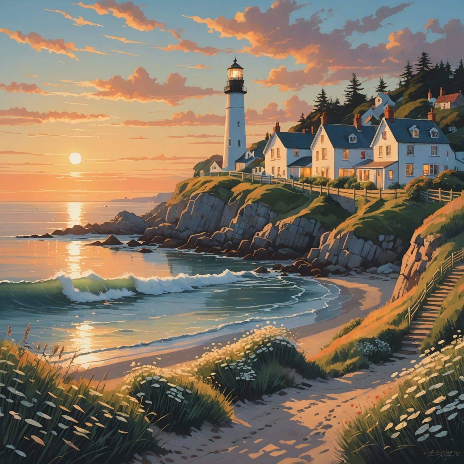 Serene Coastal Village at Dusk Illustration