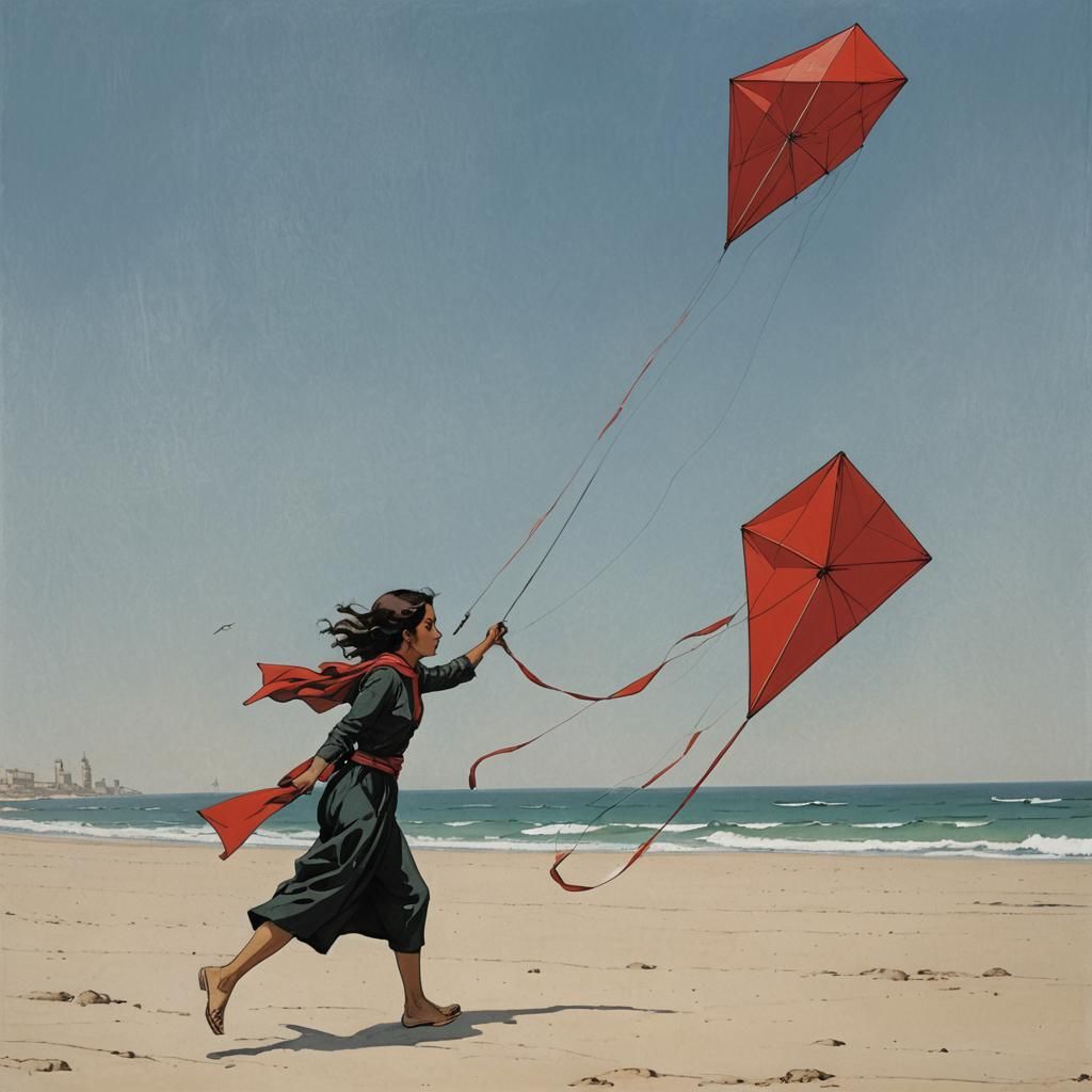 Girl Flying Kite on Gaza Beach: Minimalist Art