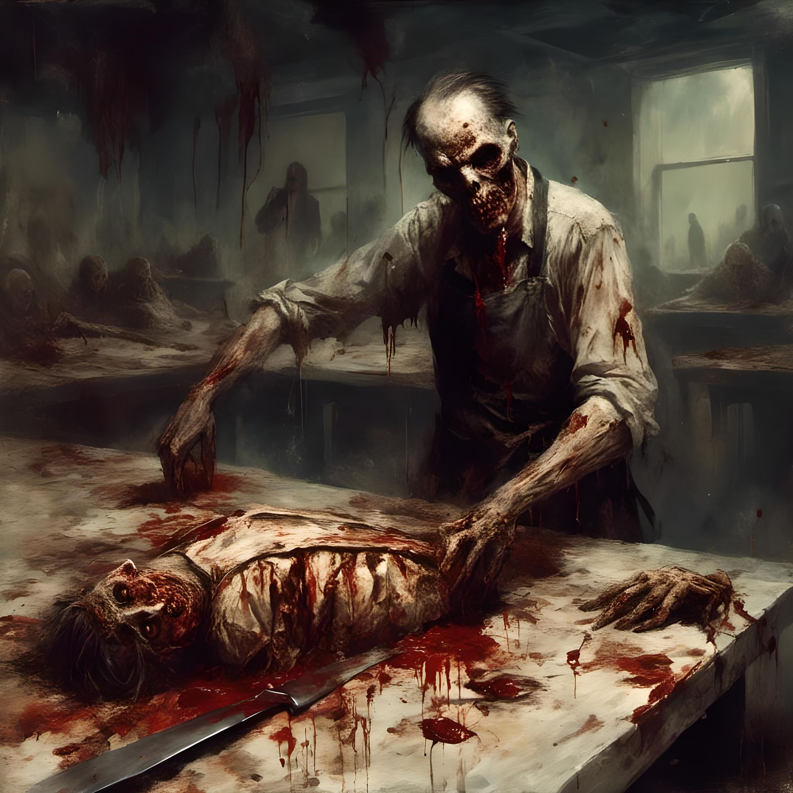 Zombie Butcher in Morgue: Macabre Horror Scene