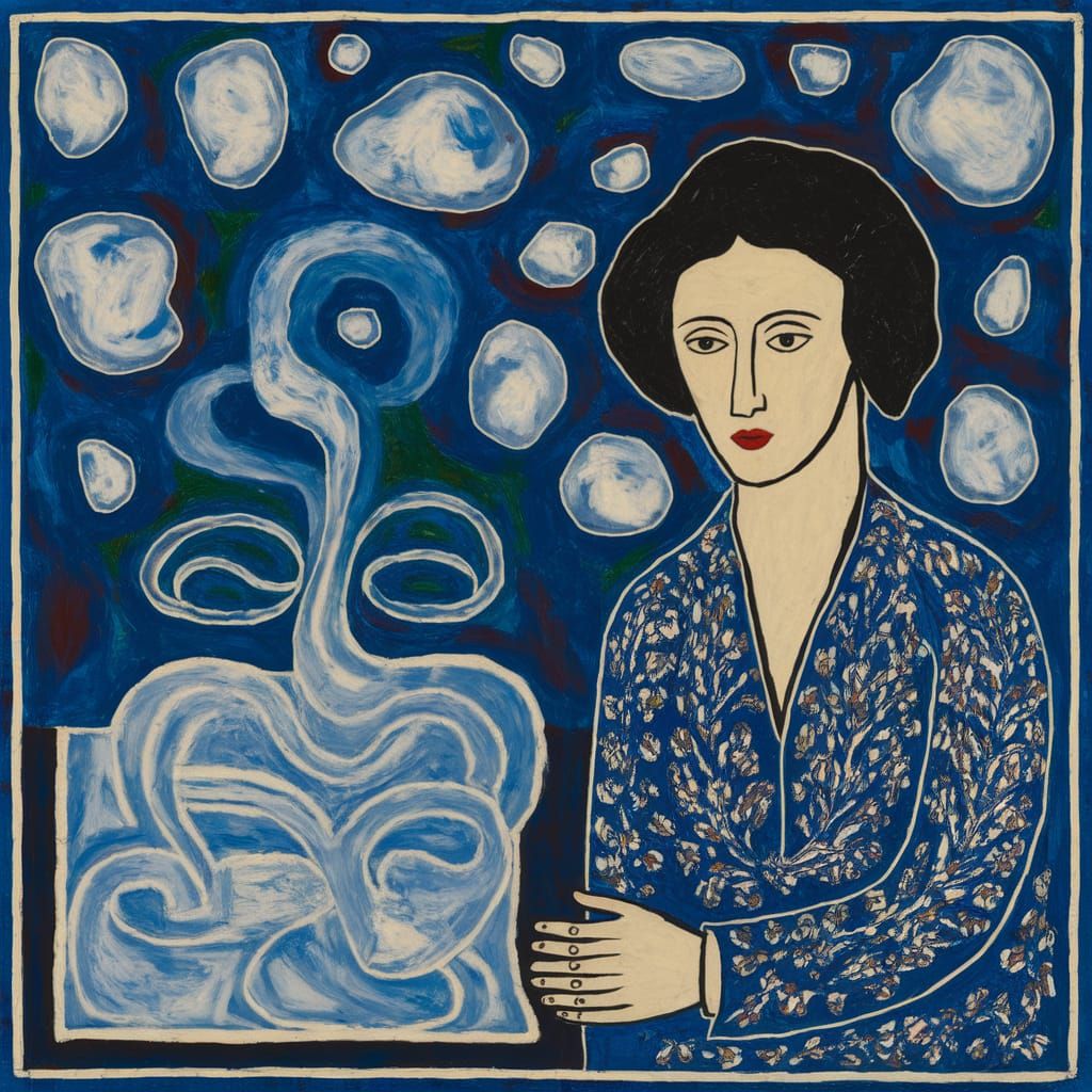 Abstract Dreamscape of Figures Weaving Lace at Night