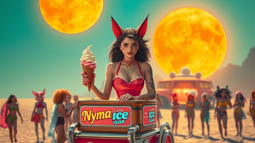 Radiant Cat-Woman Serves Ice Cream on Futuristic Beach