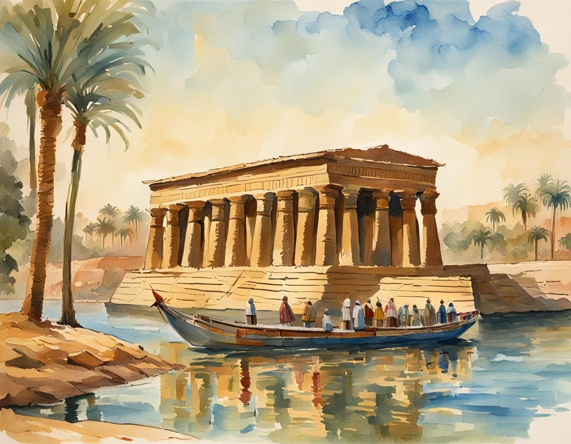Egyptian Temple on the Nile: Gouache Impressionist Painting