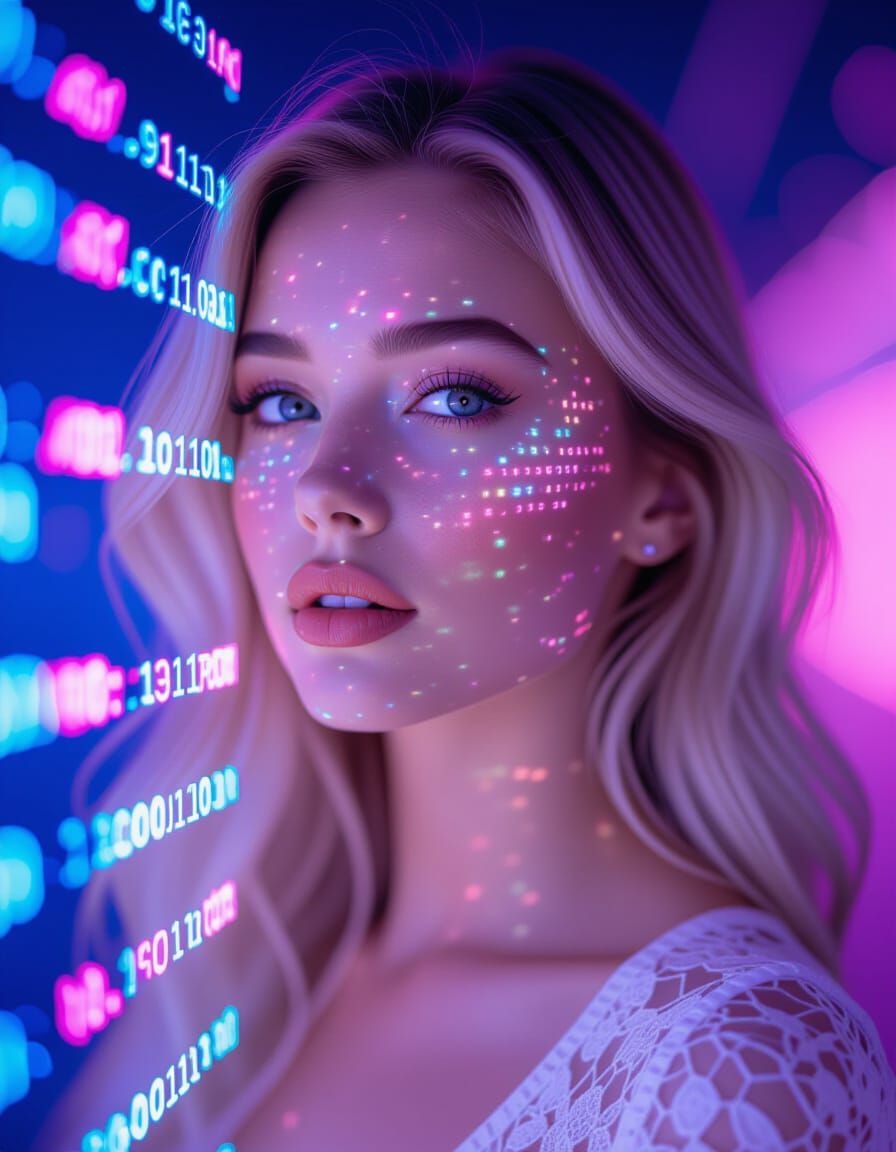 Ethereal Cyberpunk Portrait With Glowing Code Overlay