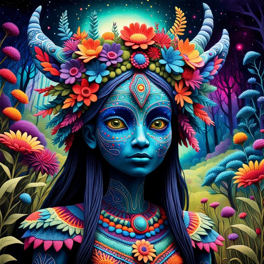 Cosmic Creature in Mystical Meadow: Huichol Yarn Art