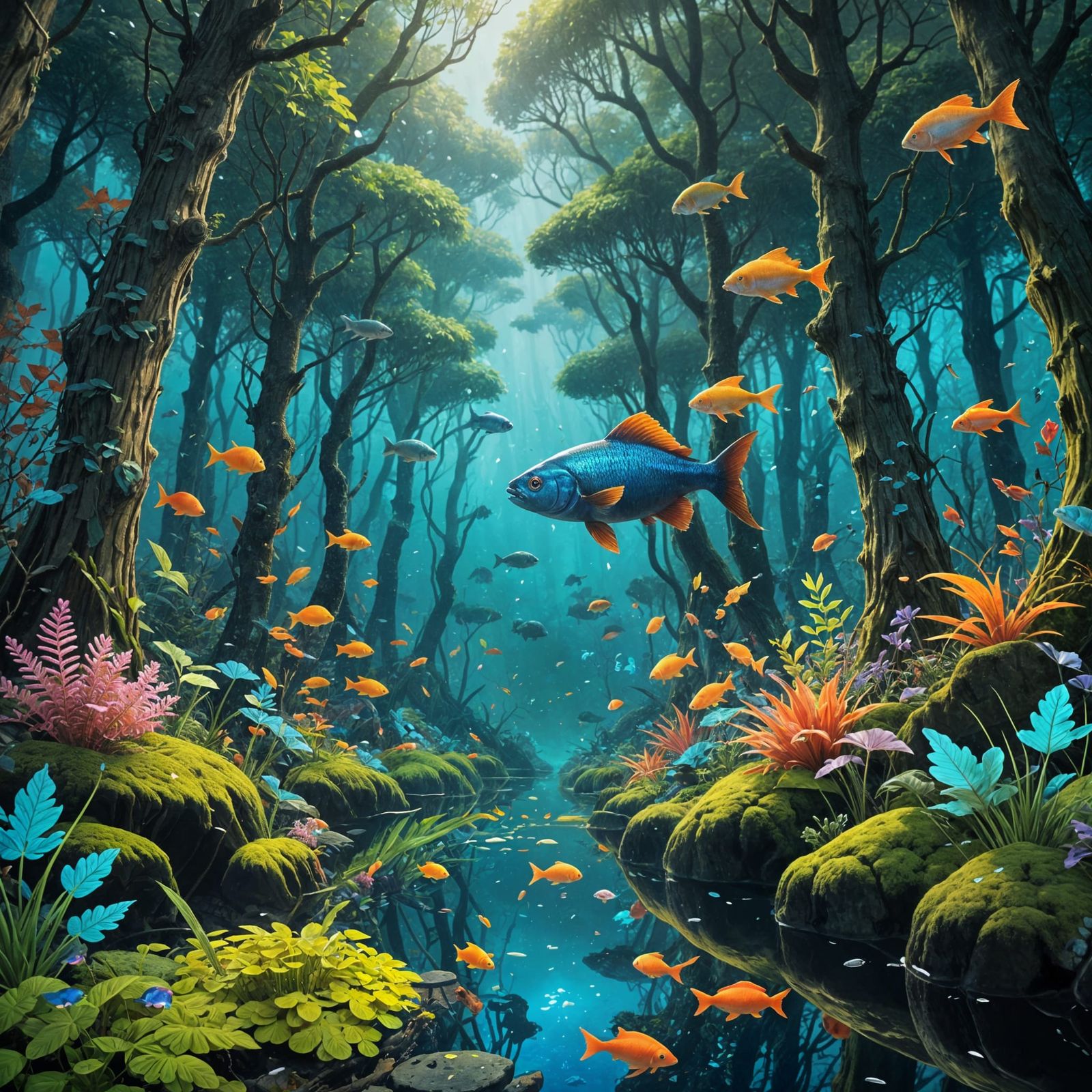 Surreal Bioluminescent Fish Swim Through Whimsical Forest