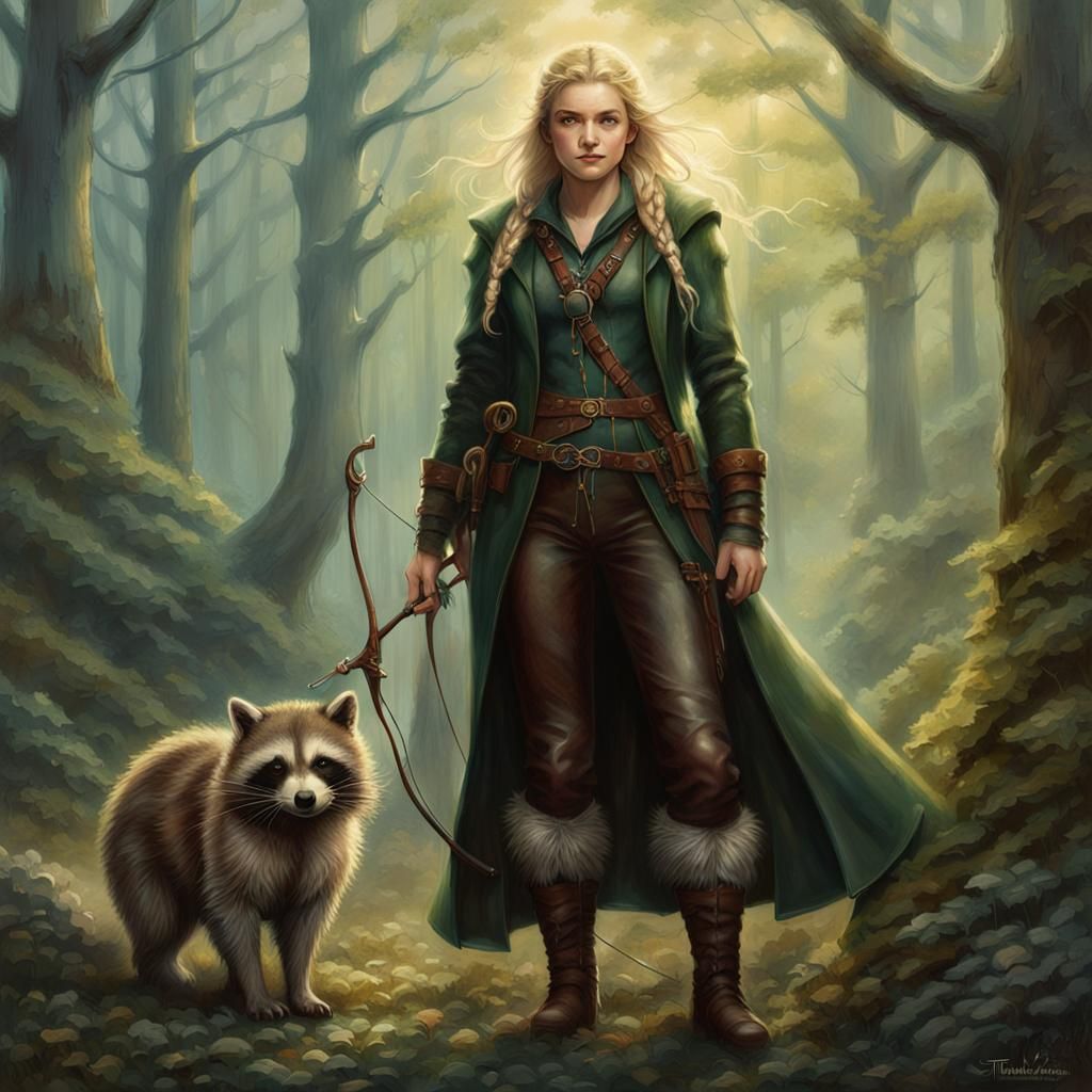 Wood Elf with Raccoon in Ethereal Style