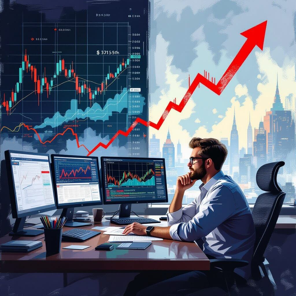 Options Trader in Office with Rising and Falling Stocks