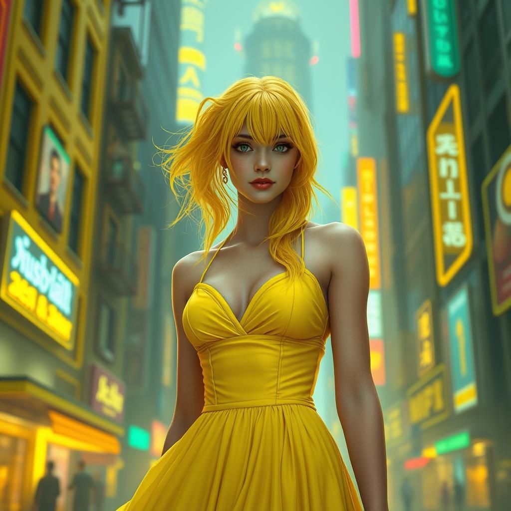 Neon City Portrait of Woman in Yellow, Detailed Matte Painti...