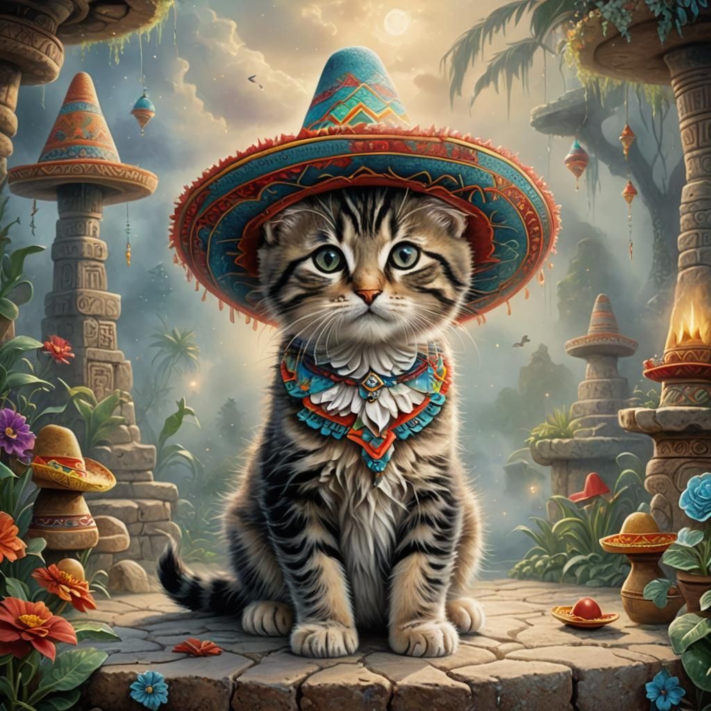 A kitten with a Mexican hat. Mayan drawings wall background....